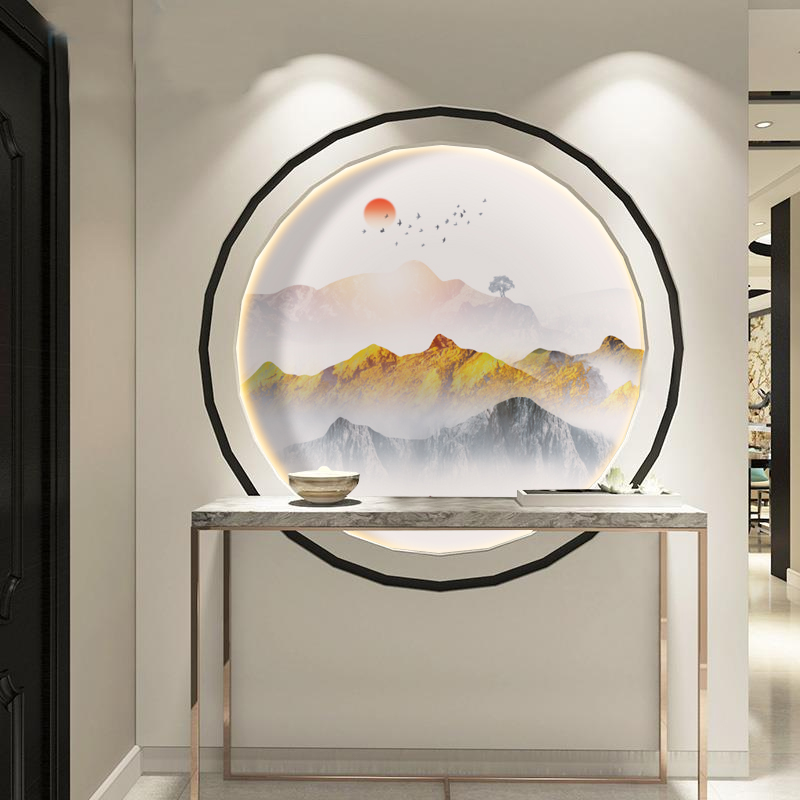 新中式客厅餐厅金山招财禅意山水画圆形装饰画玄关背景墙壁纸壁画