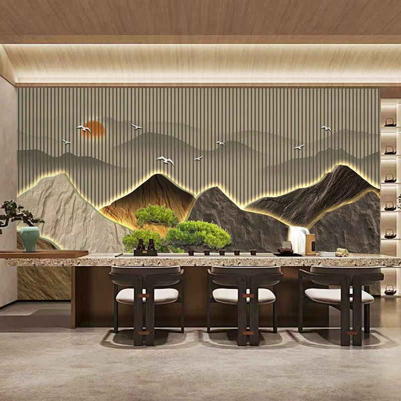 3D立体假山壁纸茶室背靠金山墙布采耳店前台背景壁画流水生财墙纸