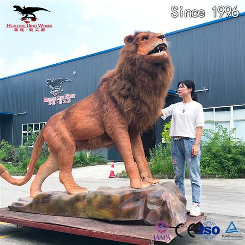 动物园主题公园机械动态仿真模型摆件纯手工粘毛棕色凶猛狮子模型