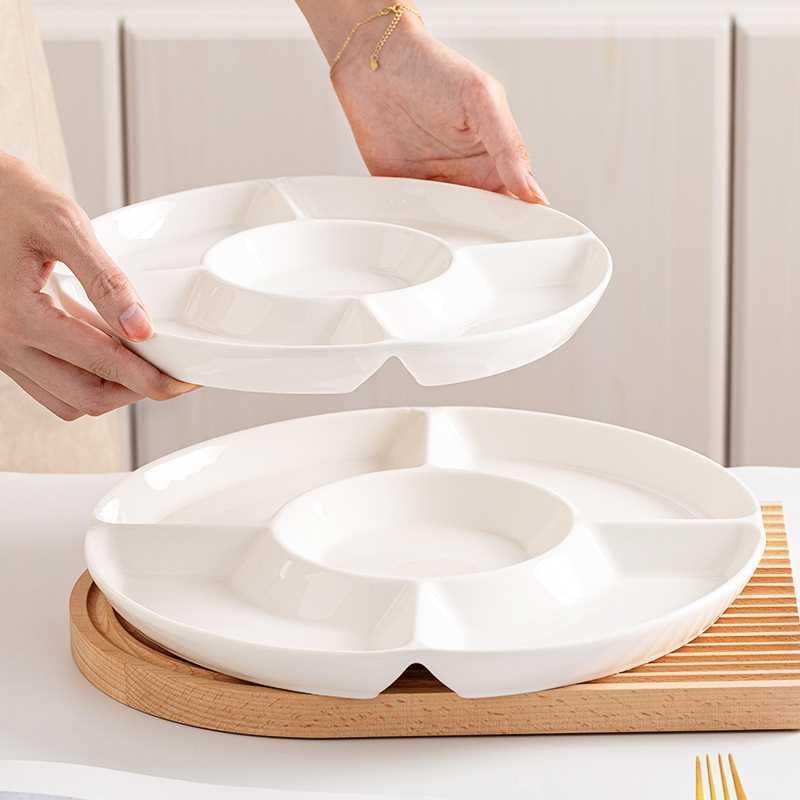 白色陶瓷分格盘五格圆形摆盘小吃拼盘卤水摆盘纯色创意好看菜盘