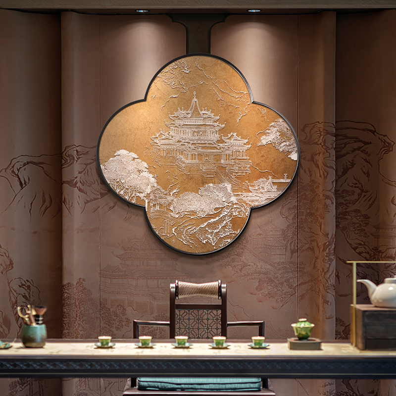 新中式山水画禅意立体浮雕茶室装饰画入户玄关圆形餐厅背景墙挂画