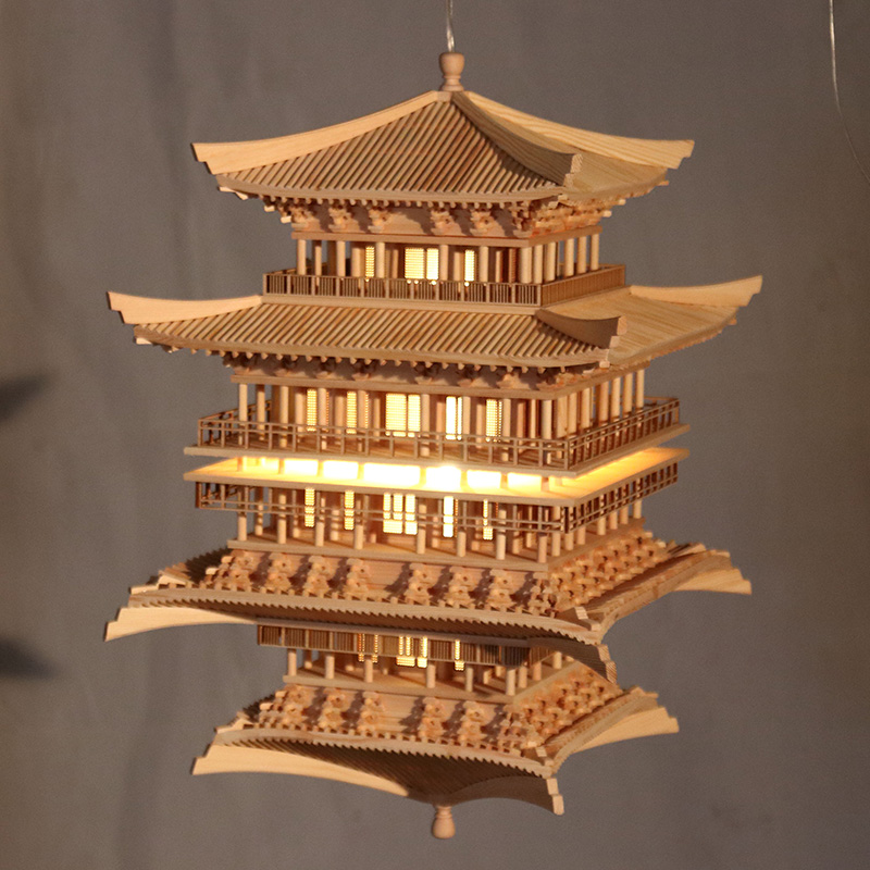 中式木质古建筑模型软装设计酒店前台售楼处样板间悬挂木雕灯厂家