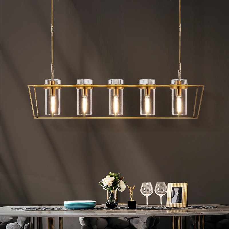 美式全铜餐厅吊灯简约创意纯铜吧台灯设计师餐桌前台轻奢线形吊灯