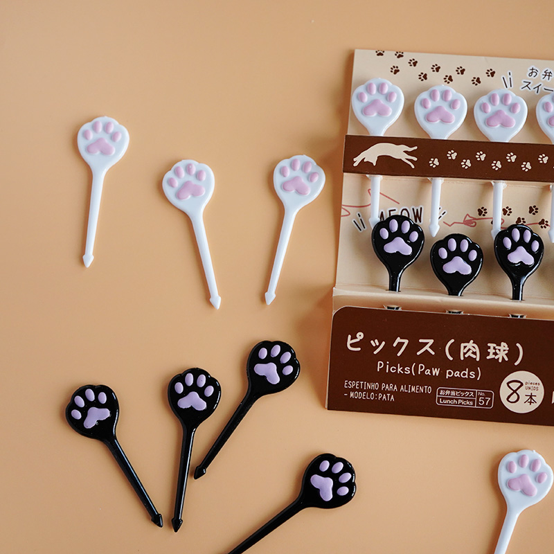 出口日本猫咪爪子造型塑料水果叉 可爱肉球儿童便当装饰签 8个