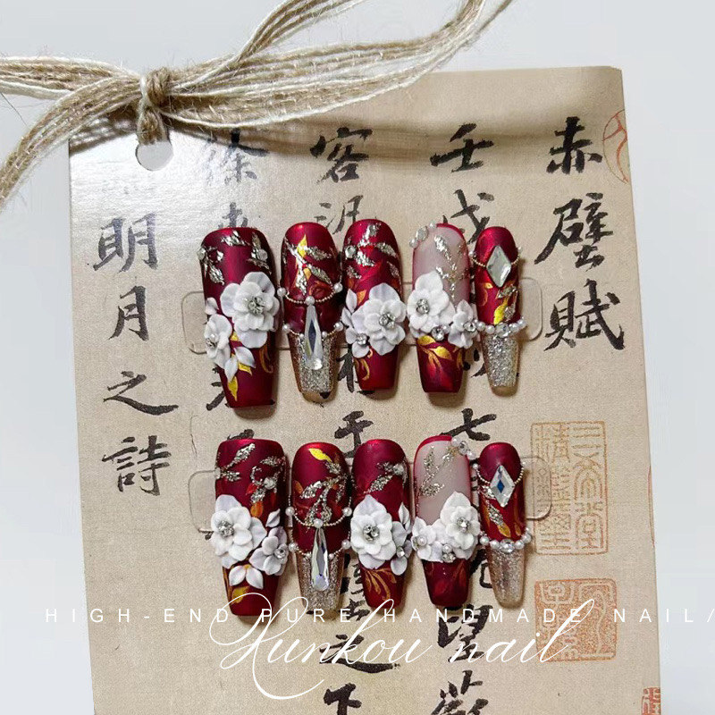 ZhengDe 纯手工穿戴甲 重工掐丝牡丹花朵手绘红色复古婚嫁秀禾服