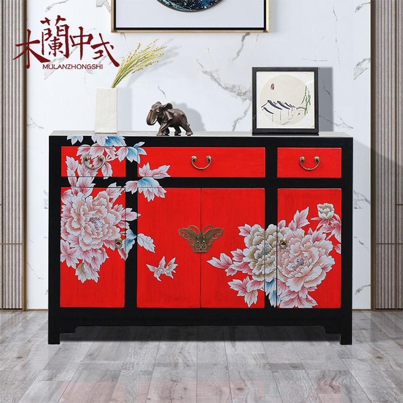 新中式玄关柜实木客厅复古隔断装饰柜彩绘餐边柜手绘鞋柜大红牡丹