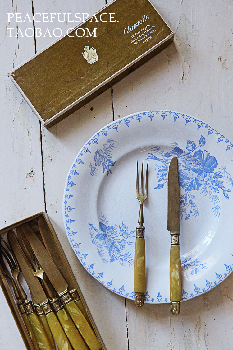 法国巴黎古董餐具 黄铜雕花西餐刀叉 赛璐珞 vintage美食摄影道具