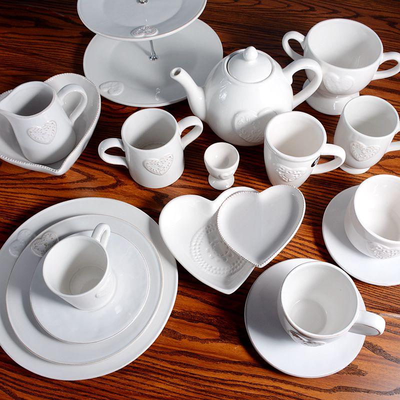 成套餐具双层点心盘浮雕爱心形碟碗拉花咖啡杯茶壶水杯双耳碗
