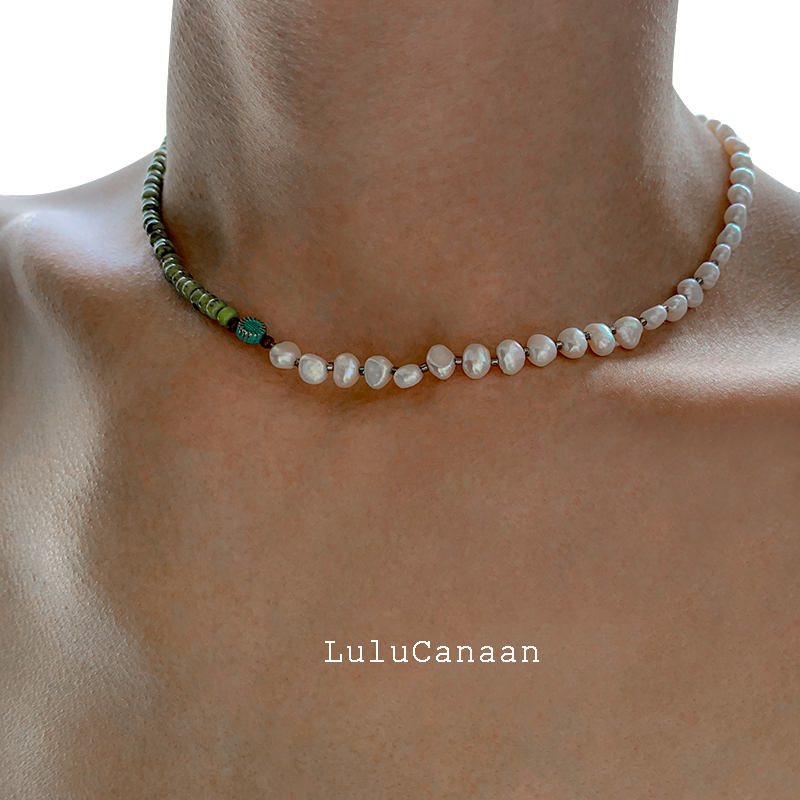 LuluCanaan毕加索油画古董玻璃珠项链天然巴洛克珍珠短项链中性风