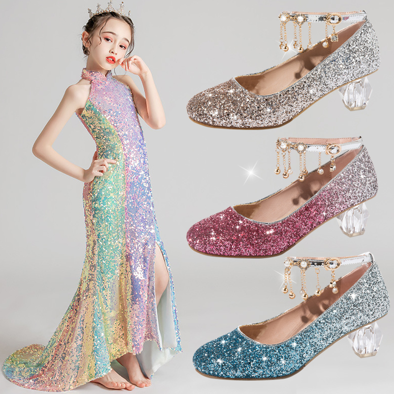春季女童高跟鞋小女孩粉色水晶鞋走秀表演出亮片童鞋子儿童公主鞋