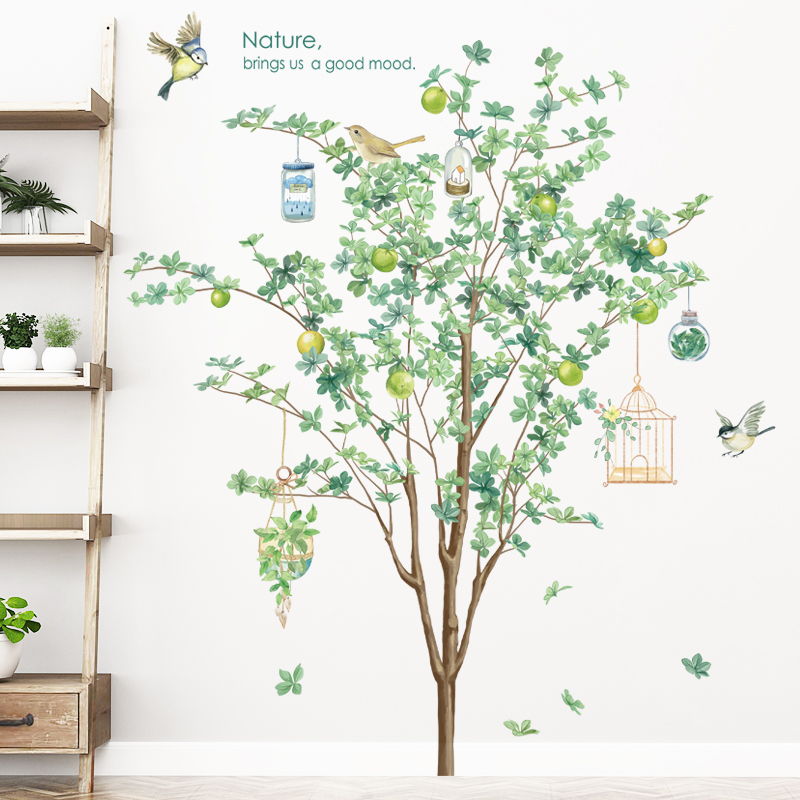 墙贴纸花树植物飞鸟绿色墙壁纸墙面装饰客厅卧室玄关贴花温馨唯美