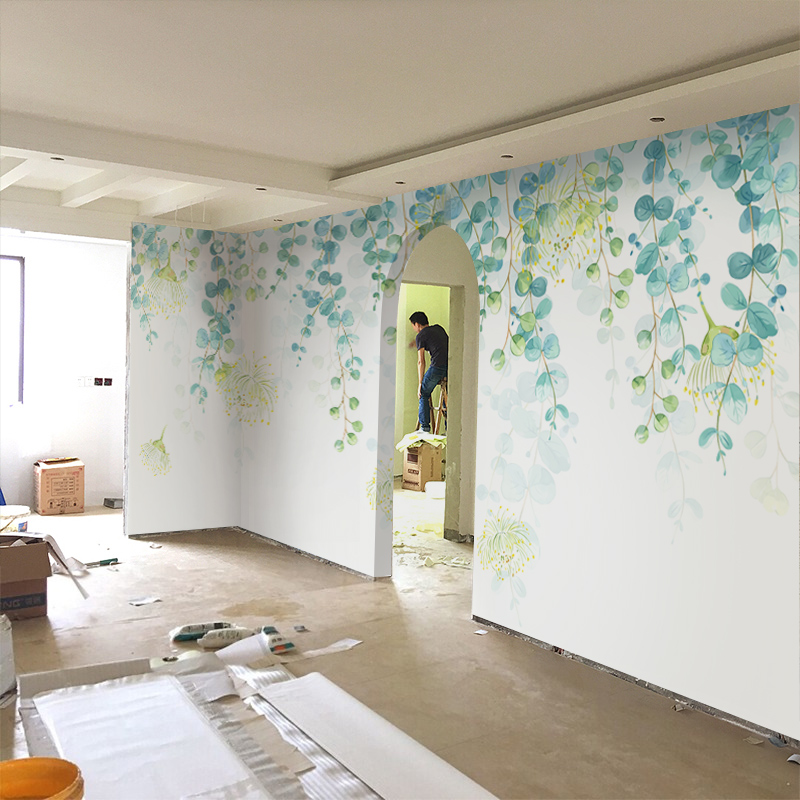 北欧现代简约墙纸清新唯美绿色叶子客厅沙发电视背景壁纸卧室壁画