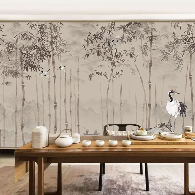 新中式风格竹林意境墙布餐厅绿色竹子壁纸L茶室装饰养生馆背景墙