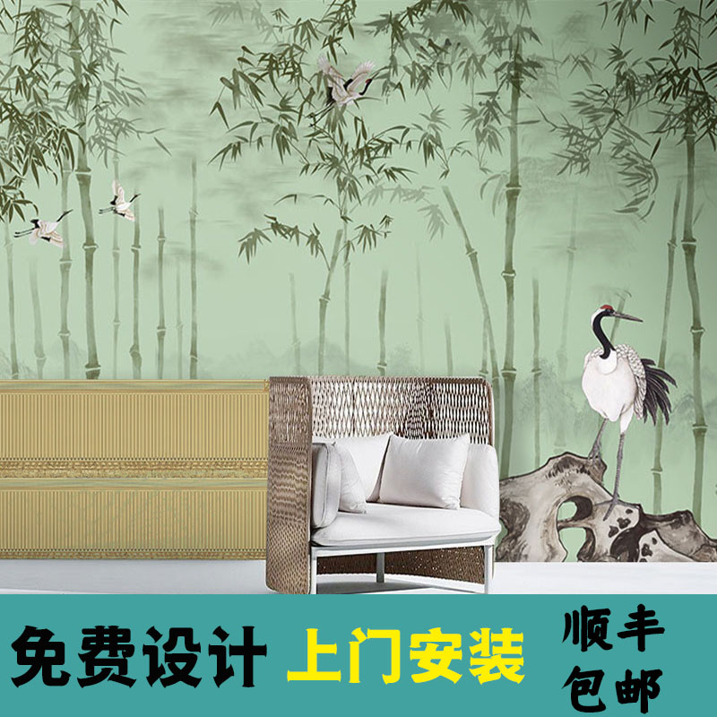 新中式风格竹林意境墙布餐厅绿色竹子壁纸茶室装饰养生馆背景墙纸
