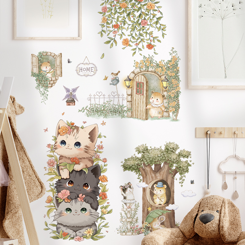 可移除墙贴纸防水自粘卡通可爱猫咪植物叶子花朵墙壁纸装饰儿童房