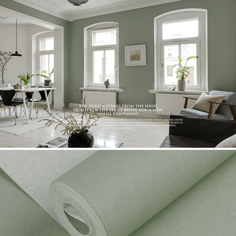 北欧绿灰色无纺布纯色墙纸现代简约卧室客厅灰绿色素色壁纸高级感