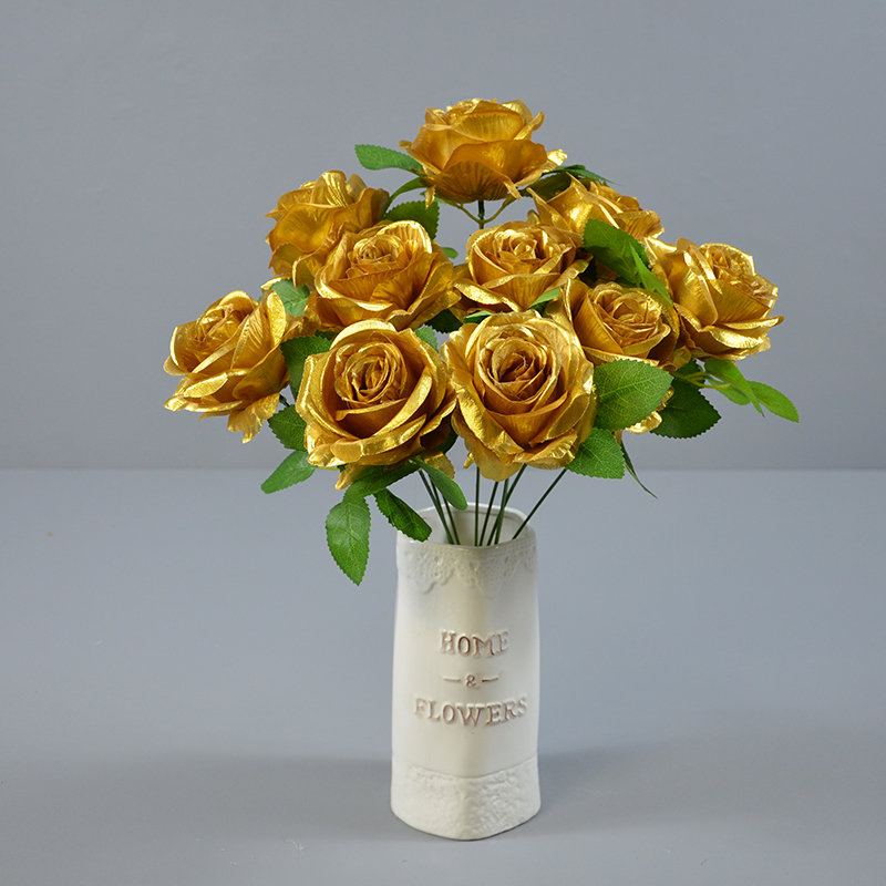 金色玫瑰仿真花 欧式花环制作客厅装饰花单支摆件婚庆装饰玫瑰花