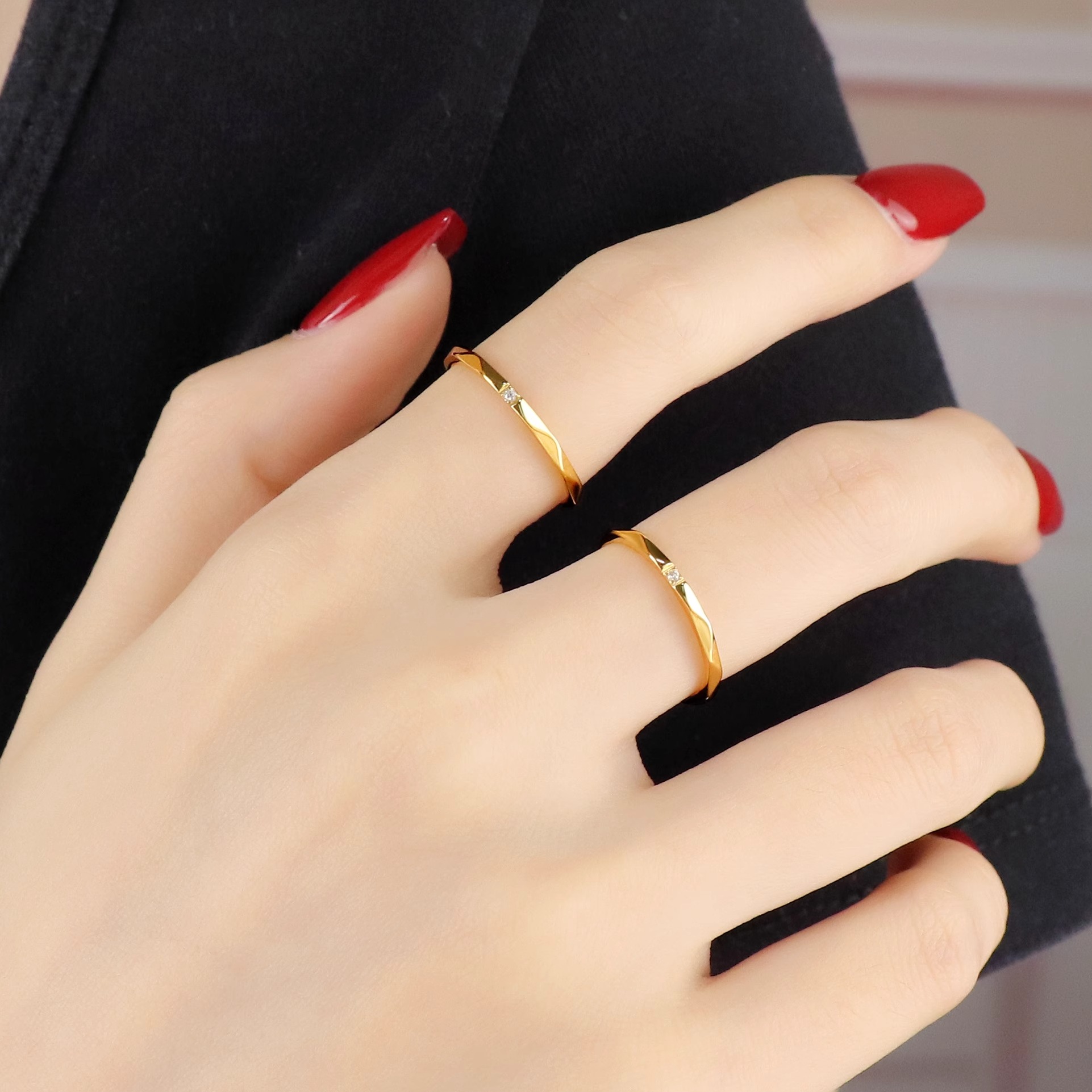 菱形素圈小钻批花戒指女指环对戒18K金色ins小众设计百搭时尚高级