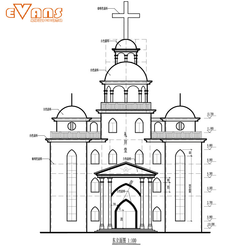 三层欧式教堂建筑施工图CAD电子版 白色礼拜堂混凝土结构