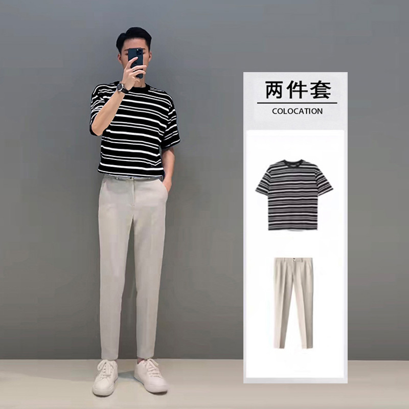 短袖t恤男黑白条纹半袖夏季时尚搭配两件套白色裤子潮九分小西裤