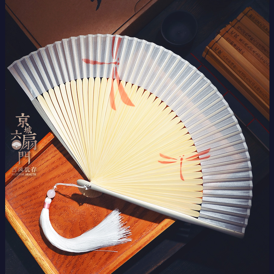 中国风灰色蜻蜓纯色素色真丝竹扇夏季日式折扇子折叠女式跳舞蹈扇