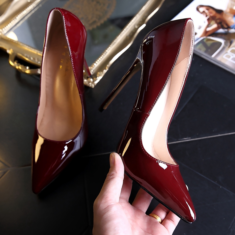 时尚12厘米漆皮酒红色高跟鞋细跟尖头黑色性感气质职业女鞋单跟鞋