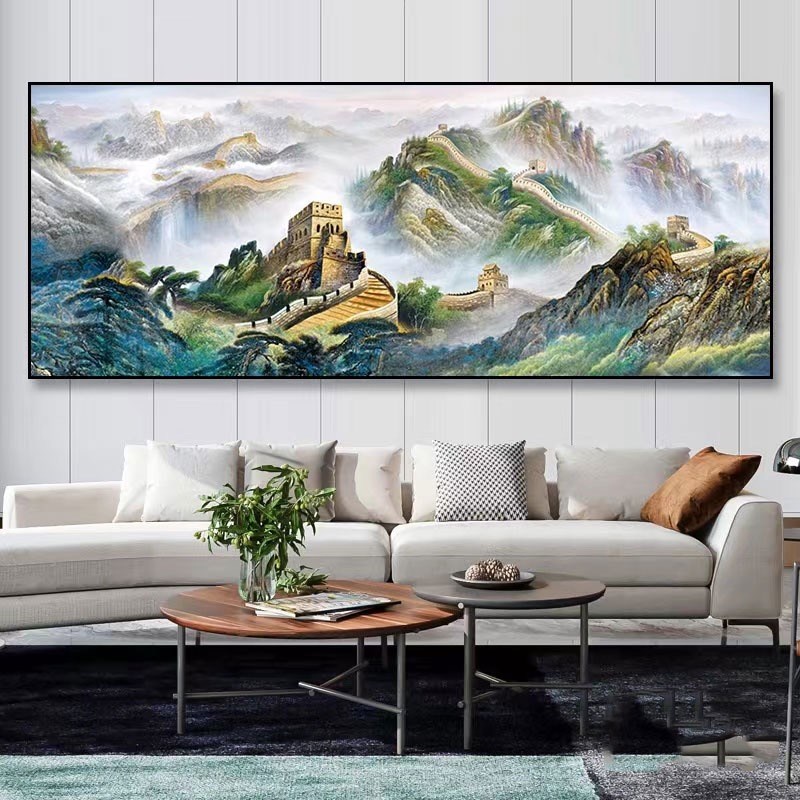 大芬村手绘油画新中式万里长城客厅沙发迎客松风景装饰画轻奢挂画