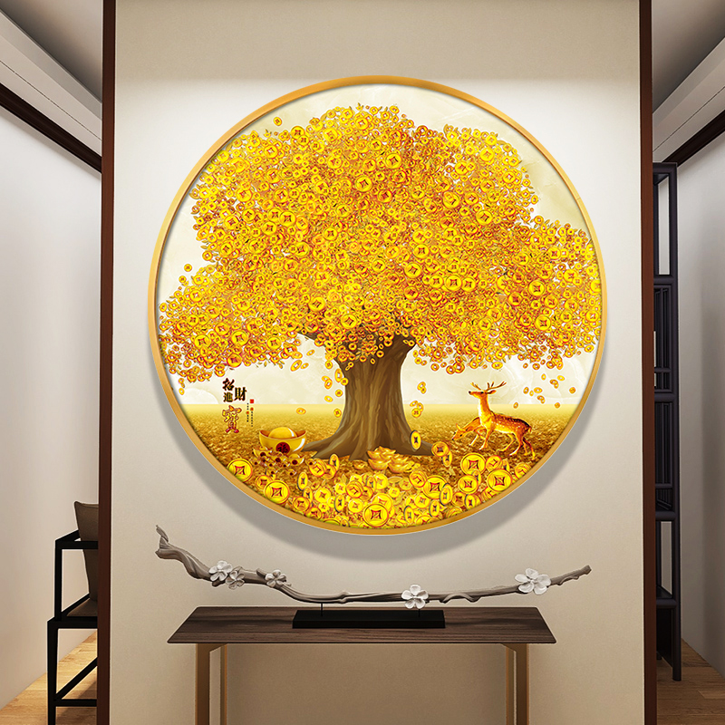黄金满地发财树圆形装饰画玄关过道餐厅摇钱树晶瓷画现代客厅挂画