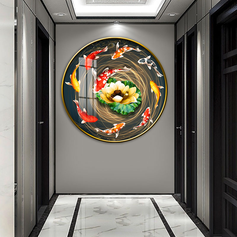 新中式圆形装饰画荷花九鱼图客厅沙发背景墙聚财壁画走廊玄关挂画