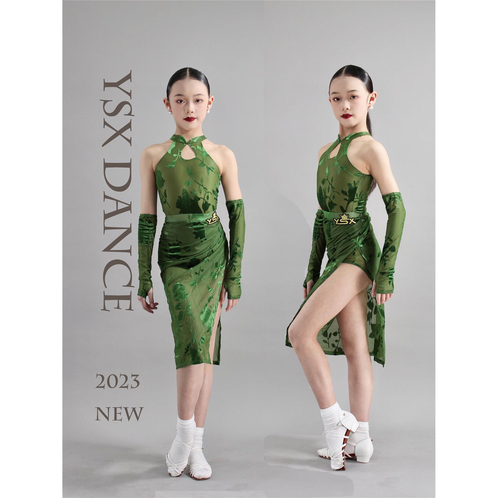 YSX DANCE新款拉丁舞蹈服旗袍款式烧花面料中国风连体裙表演服