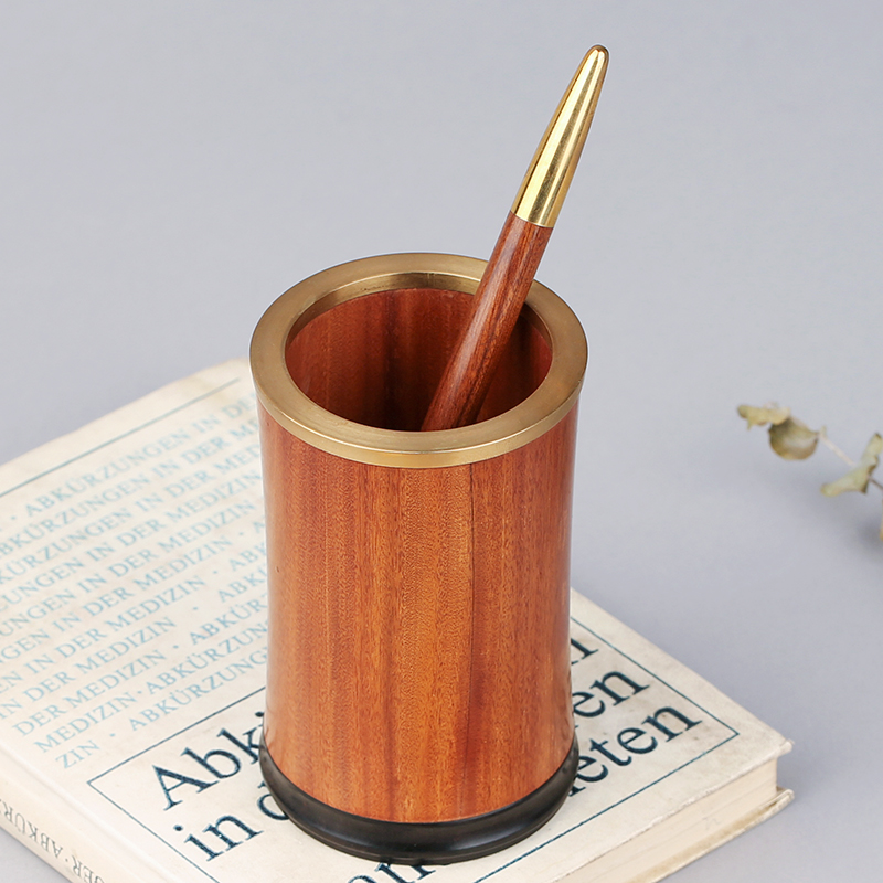 红木复古笔筒办公室桌面置物收纳盒艺术摆件定制刻字 实木质金属