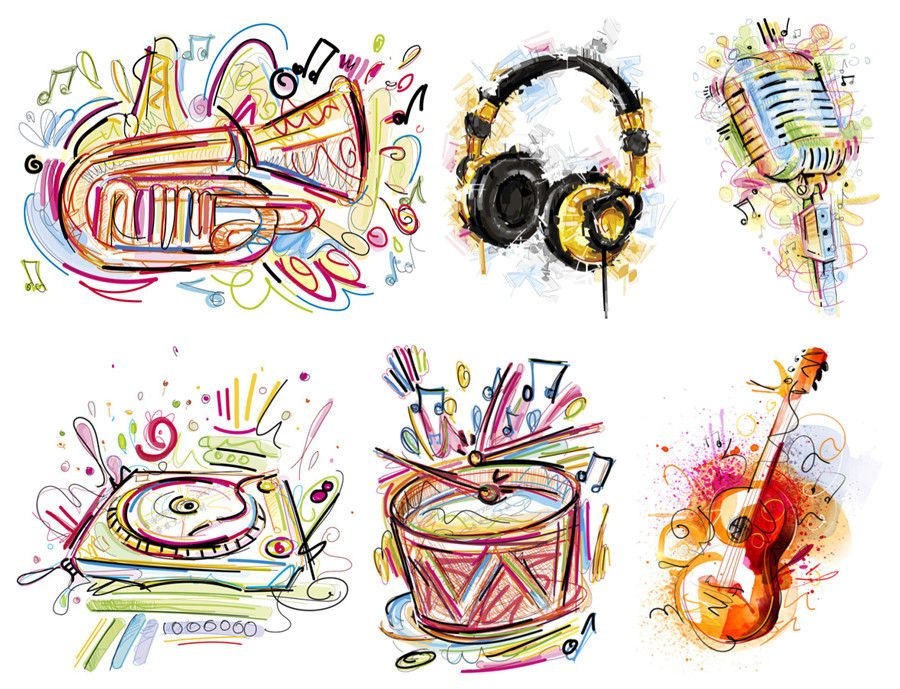 A2230矢量手绘涂鸦插画音乐耳机DJ小提琴麦克风 AI设计素材