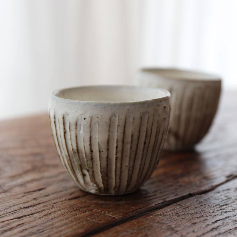 日本陶艺家 花岗隆作品 纯手工粉引棱纹品茶杯日式杯子茶席品茗杯