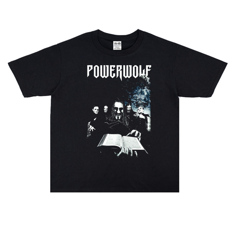 摇滚力量金属Powerwolf乐队印花T恤圆领短袖宽松街头纯棉重磅嘻哈