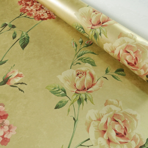 现货约克美式进口纯纸壁纸 复古金色底玫瑰花丁香花图案田园墙纸