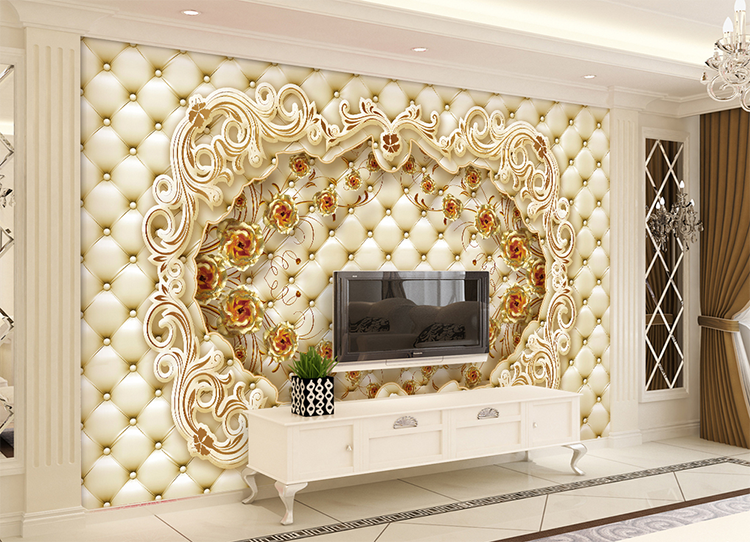 金色玫瑰奢华软包电视沙发背景墙纸壁画壁纸墙布客厅KTV背景欧式