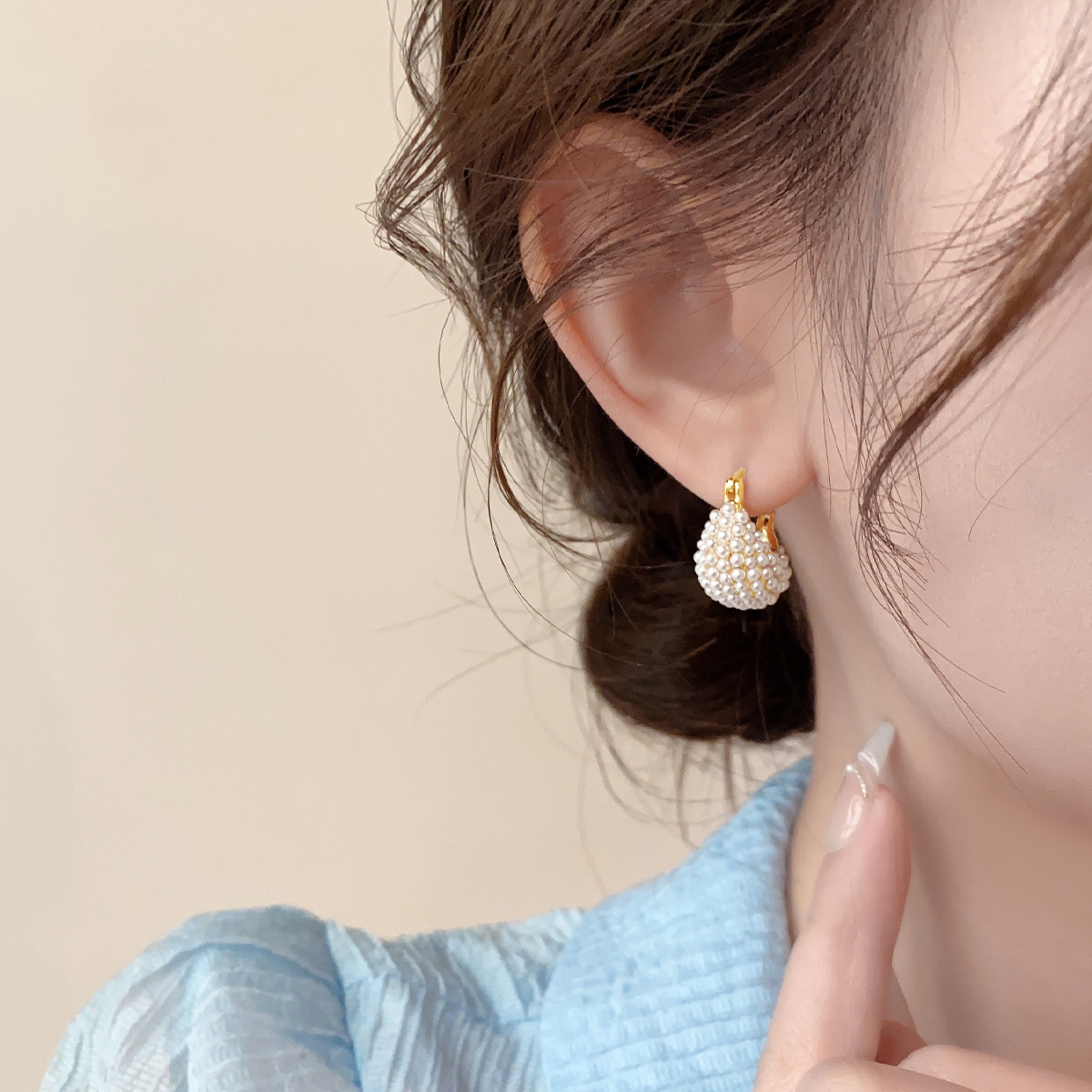 韩国金色珍珠耳环女小众设计感高级纯银耳饰2024年新款爆款耳钉