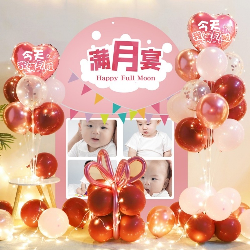 宝宝满月酒百岁宴会100天纪念日气球布置周岁生日海报背景墙装饰