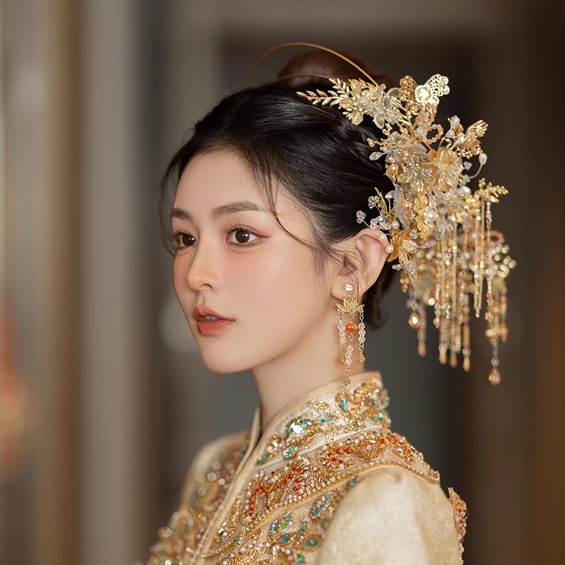 中式婚礼古装秀禾服凤冠古典龙凤褂头饰金色奢华结婚跟妆圣女冠配