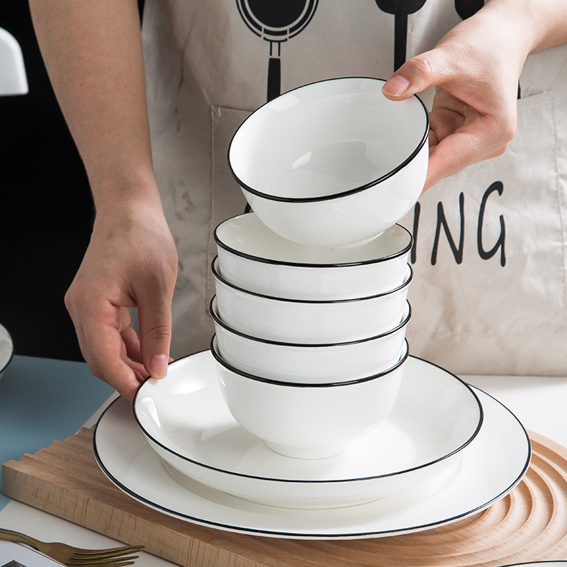 景德镇陶瓷碗釉下彩家用餐具套装碗碟盘泡面碗鱼盘汤碗黑线陶瓷碗