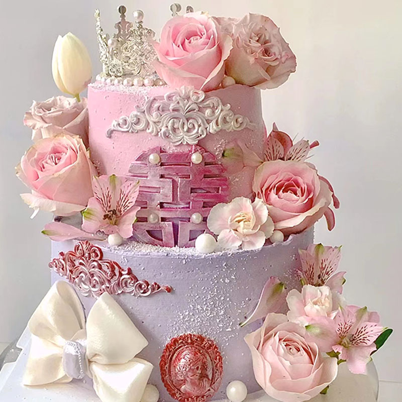 结婚订婚甜品台花朵蛋糕情侣大小喜字模具摆件装饰欧式头像花纹