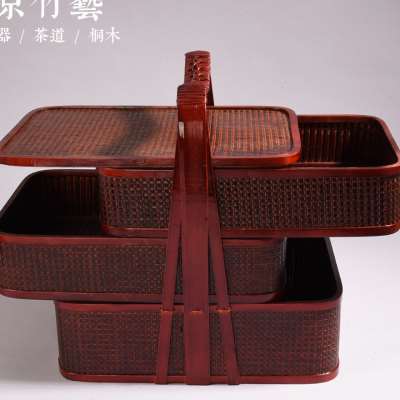 玉藤食盒提篮竹编篮子手提送餐三层拜拜用编织竹篮子古代祭祀食篮