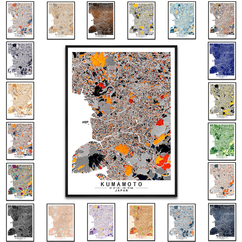 日本熊本艺术抽象城市彩色色块地图装饰画现代餐厅房间办公室挂画