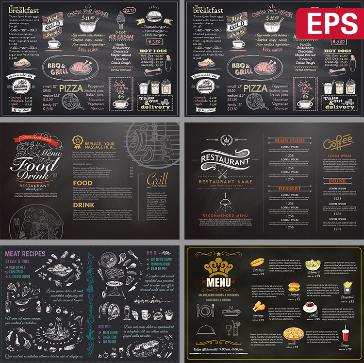 国外线描西餐厅菜单汉堡披萨沙拉甜品价格单海报EPS矢量设计素材