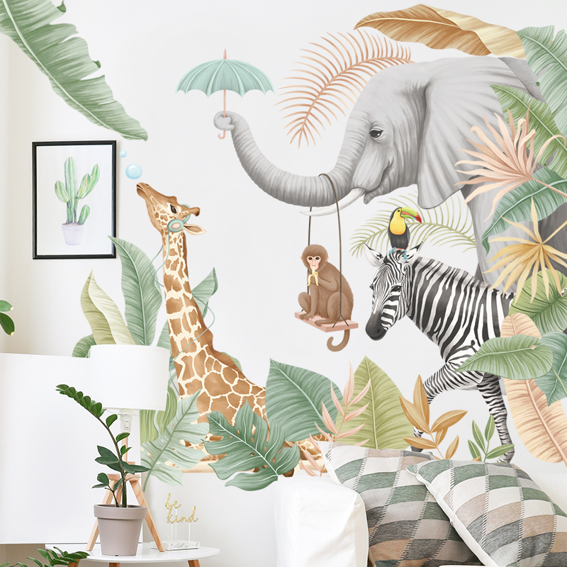 雨林动物热带叶子墙贴纸儿童卧室房门装饰贴墙面装饰教室布置卡通