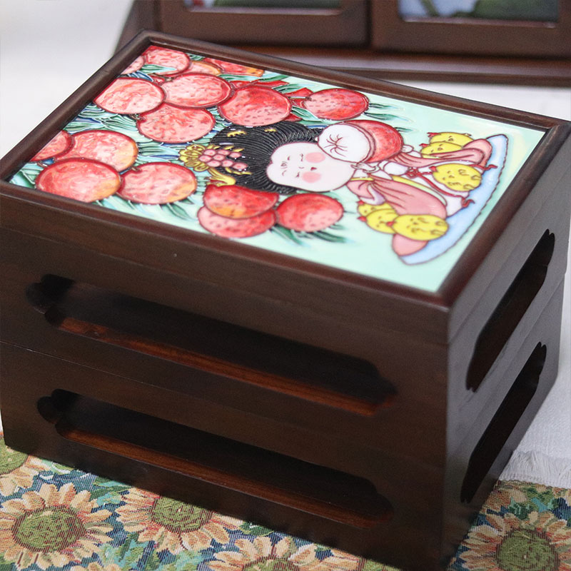 新中式玲珑多宝盒多层家居收纳盒装饰手绘瓷板画桌面茶室礼品摆件