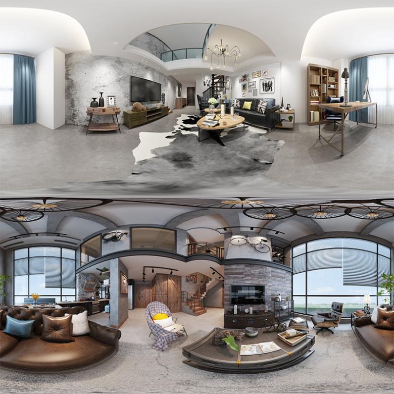 室内豪宅别墅复式360度全景客餐厅新中式欧美式风格720旋转效果图