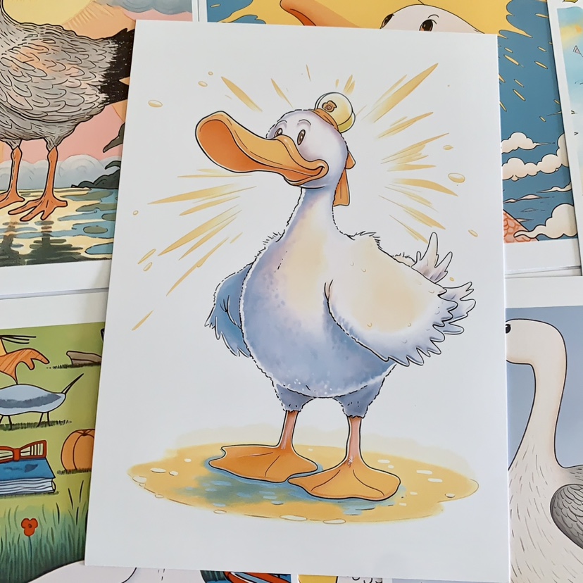 动漫插画快乐鸭临摹卡儿童创意美术明信片马克笔低龄画场景