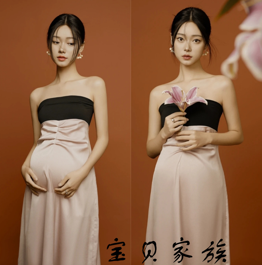 影楼新款韩版孕妇照服饰唯美法式复古大肚妈咪摄影艺术照黑粉色
