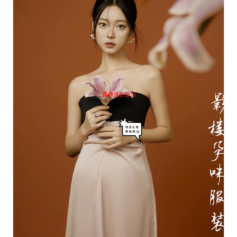 影楼新款韩版孕妇照服饰唯美法式复古大肚妈咪摄影艺术照黑粉色